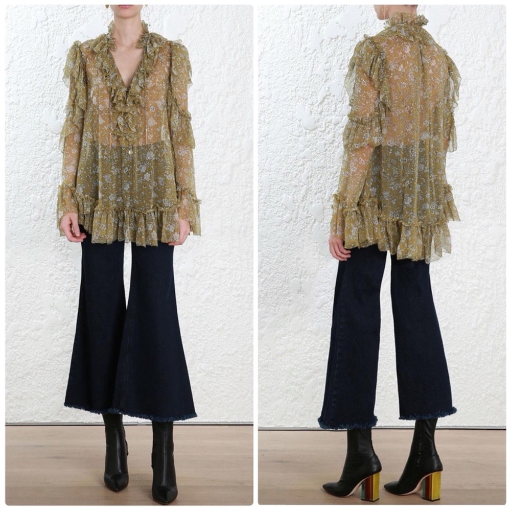 Zimmermann Rife Ruffle Silk Floral Blouse